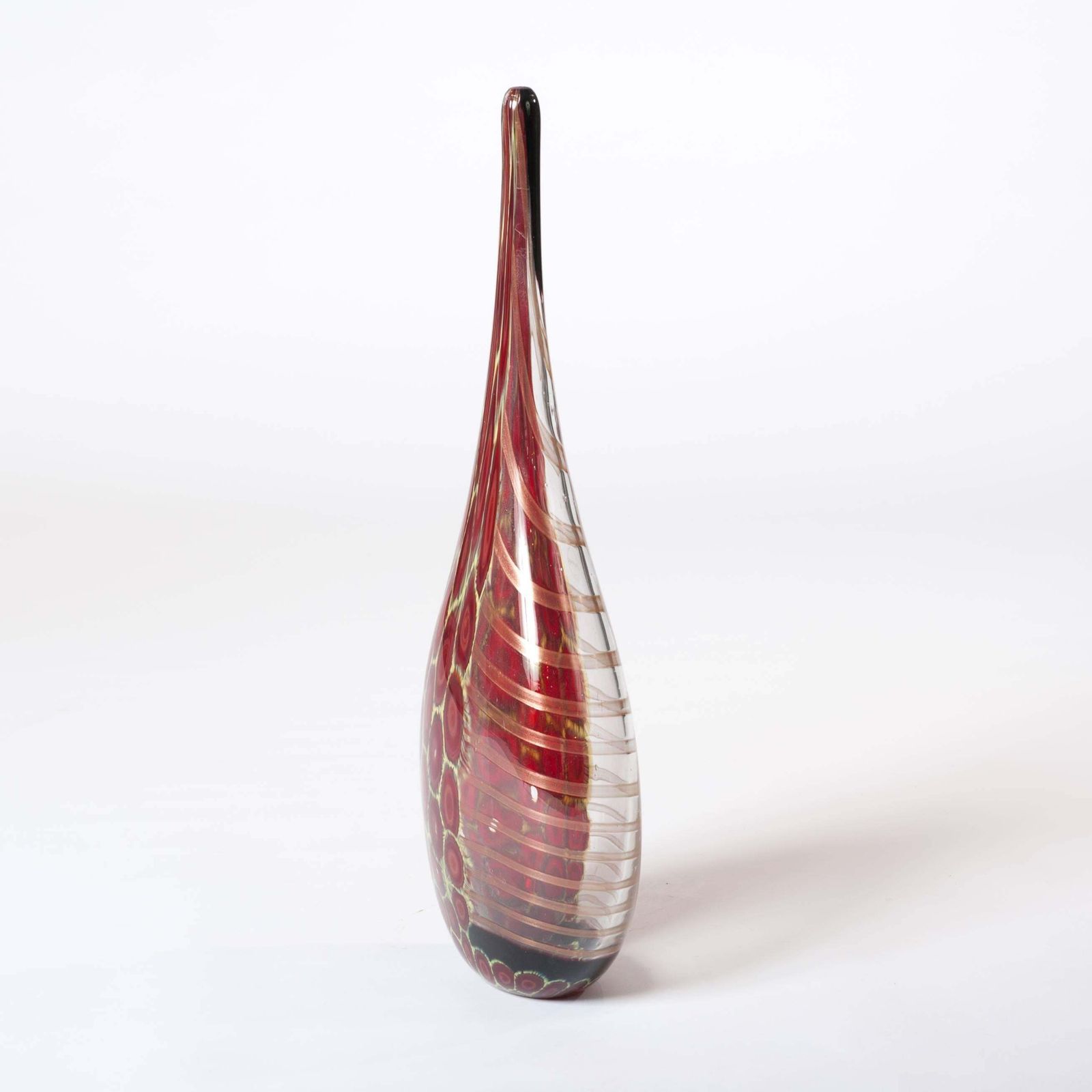 Elegant, Tall Bottle Shaped Murano Glass Vase Clear Glass, Red, Yellow 1980s photo furniture