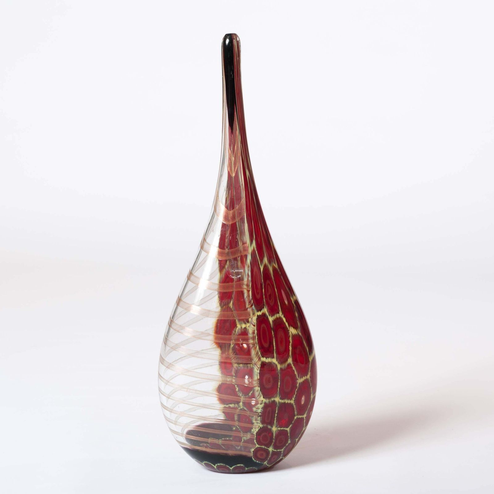 Elegant, Tall Bottle Shaped Murano Glass Vase Clear Glass, Red, Yellow 1980s photo for sale