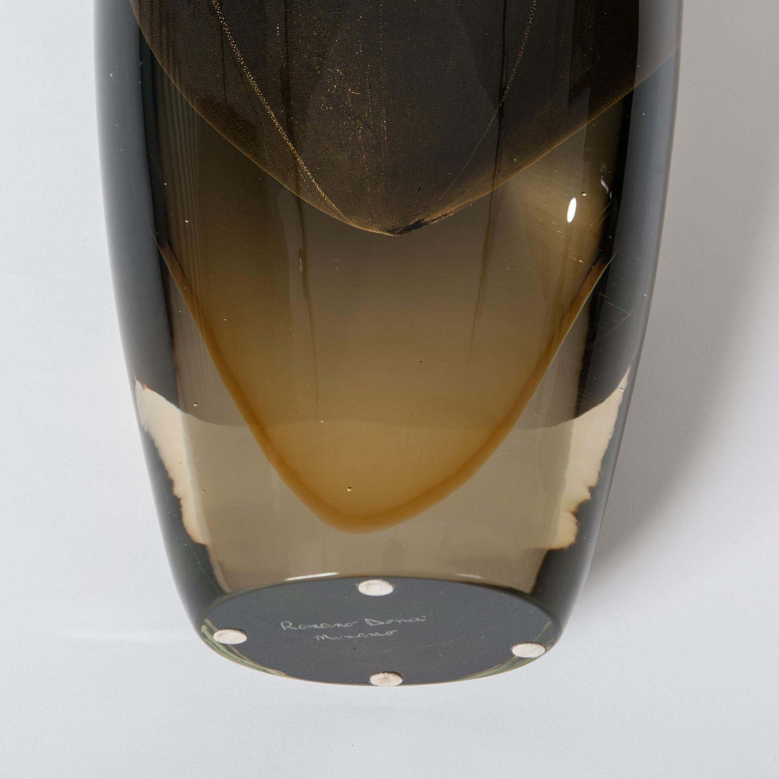 Handmade Murano Glass Sommerso Vase In Darkgreen, Yellow Signed By Romano Donà photo buy