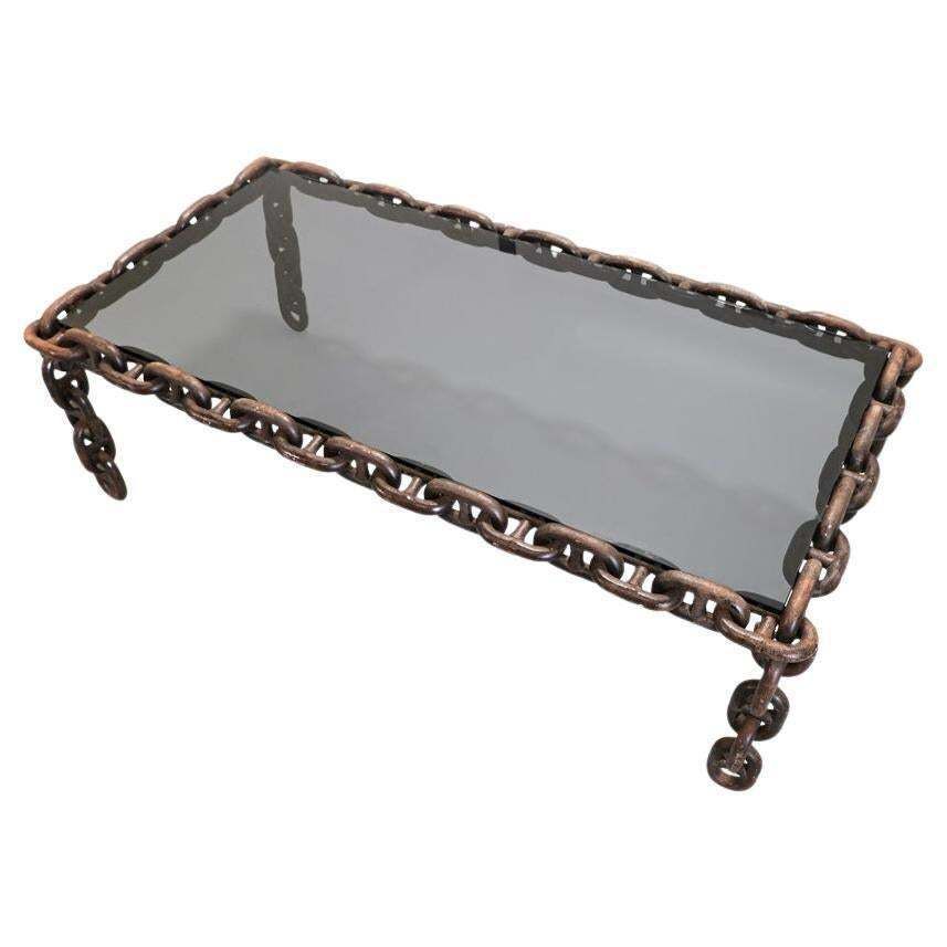 French Brutalist Iron "Chain" Coffee Table Smoked Glass Top, France 1960s photo for sale