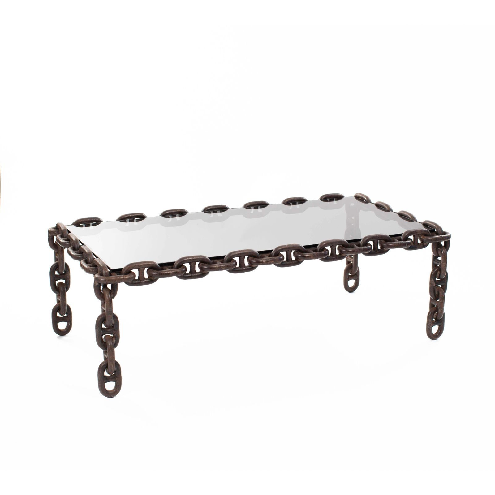 French Brutalist Iron "Chain" Coffee Table Smoked Glass Top, France 1960s photo buy