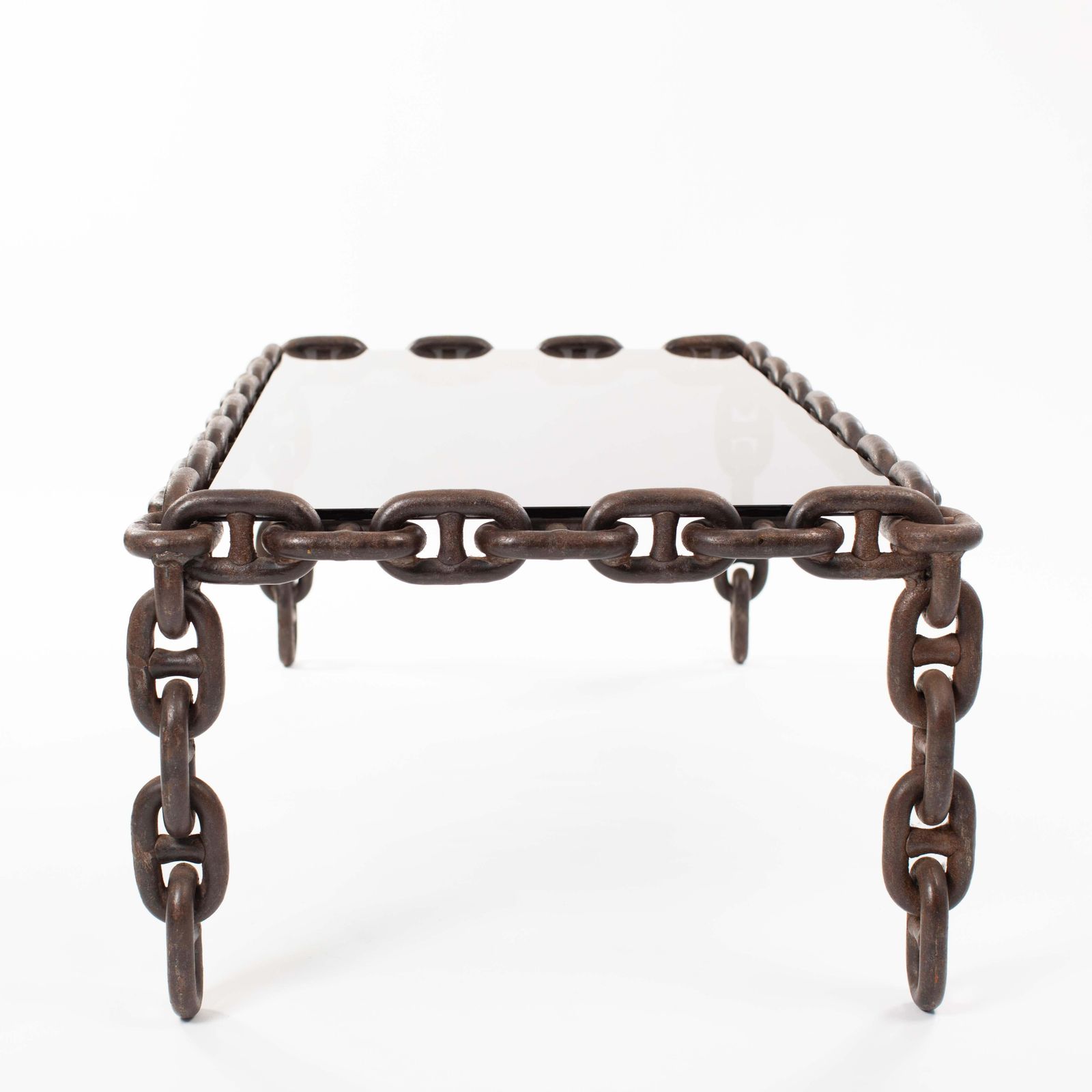 Furniture French Brutalist Iron "Chain" Coffee Table Smoked Glass Top, France 1960s photo