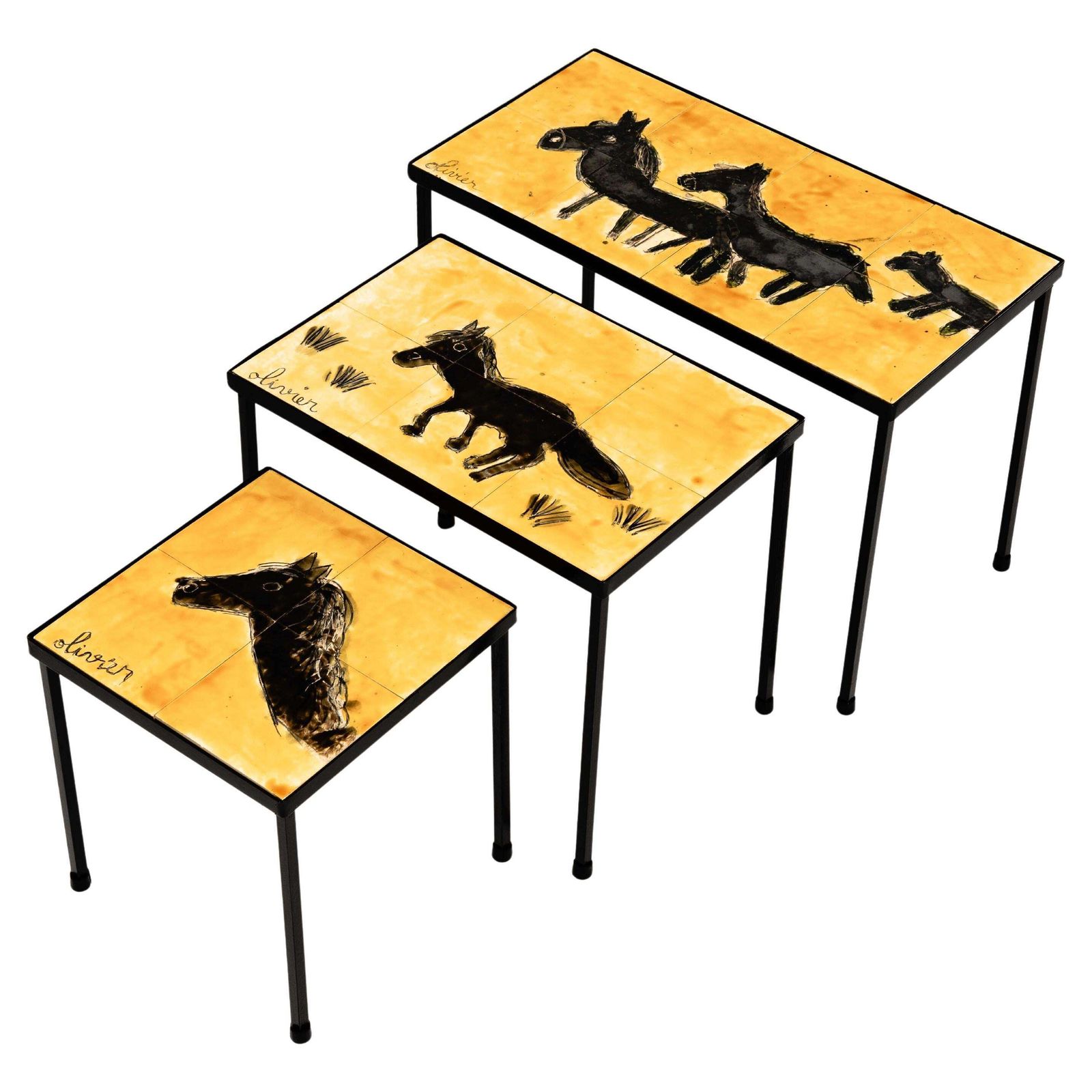 3 French Mid Century Ceramic Nesting Tables In Yellow Black, Signed Olivier