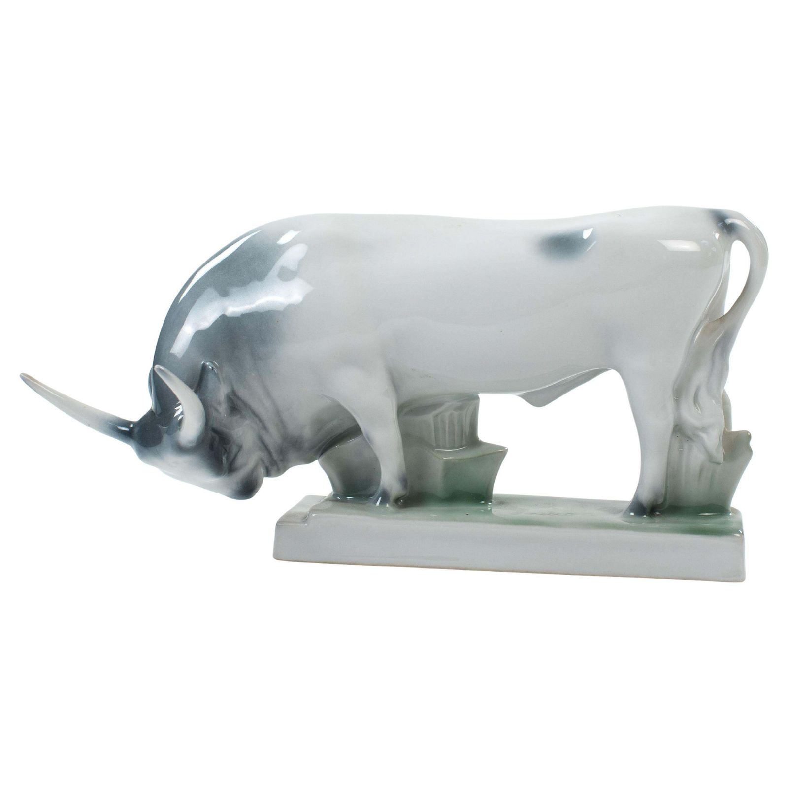 Hungary Mid Century Porcelain Bull In Soft Light Grey Green Colors By Zsolnay