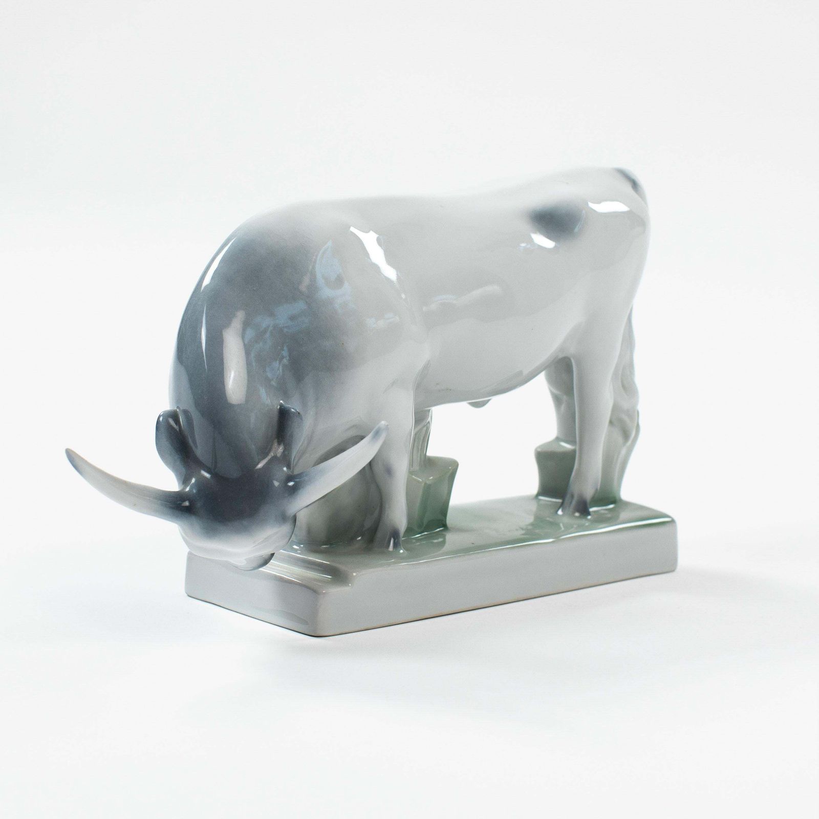 Hungary Mid Century Porcelain Bull In Soft Light Grey Green Colors By Zsolnay photo Art