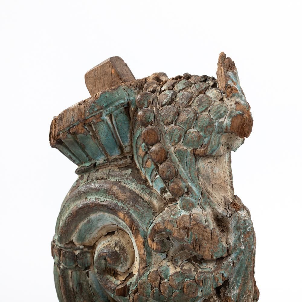 Architectural Wooden Sculpture Original Green Turquoise Paint India 18th Century photo vintage
