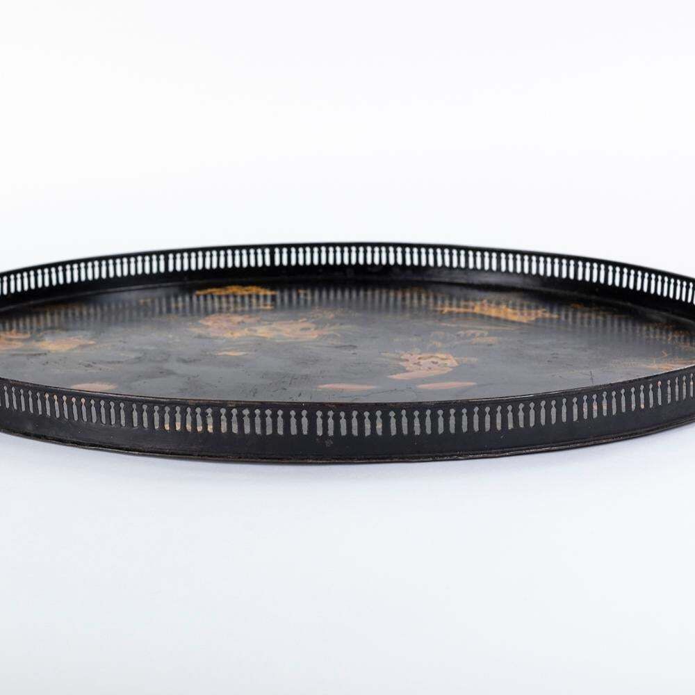 Home Decor French Serving Tray With Chinoiserie Painting On Black Metal, Early 19th Century photo