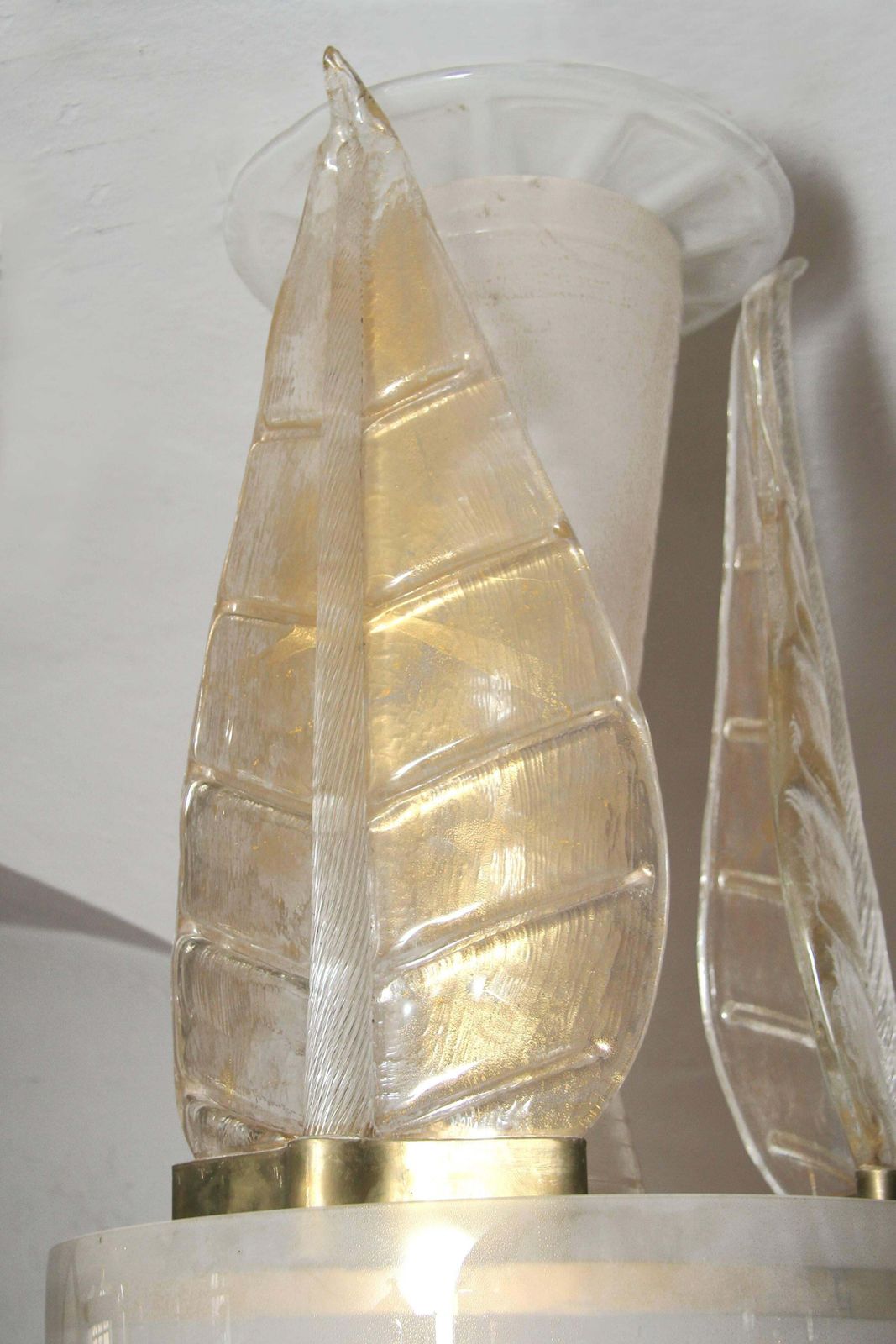Italian Mid Century Golden Murano Glass Chandelier With Embracing Leaves 1970s photo for sale