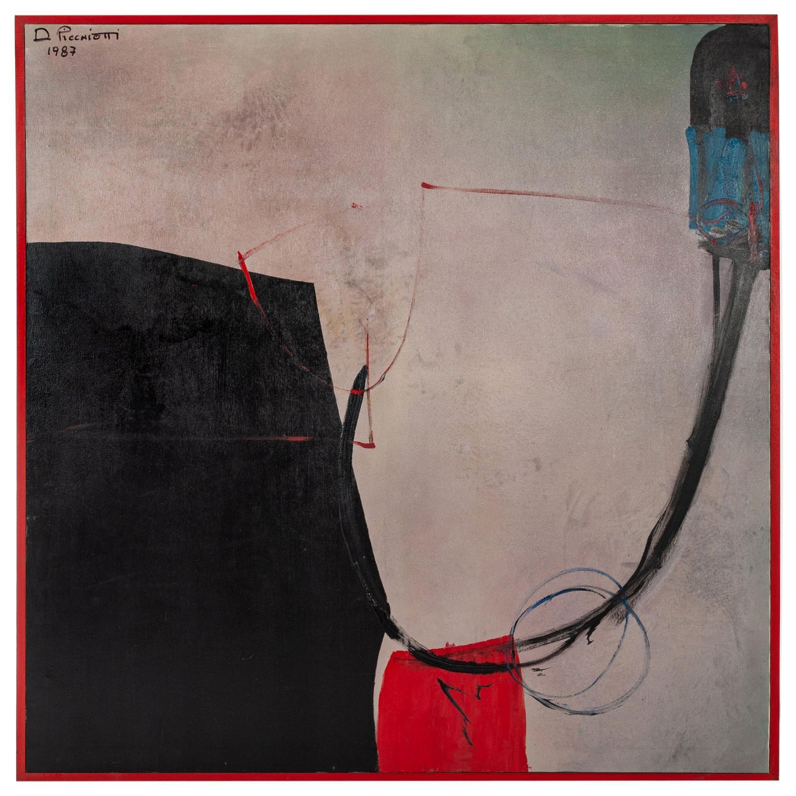 Italian Art Informel Painting Black, Grey, Red, Blue By Danilo Picchiotti, 1987