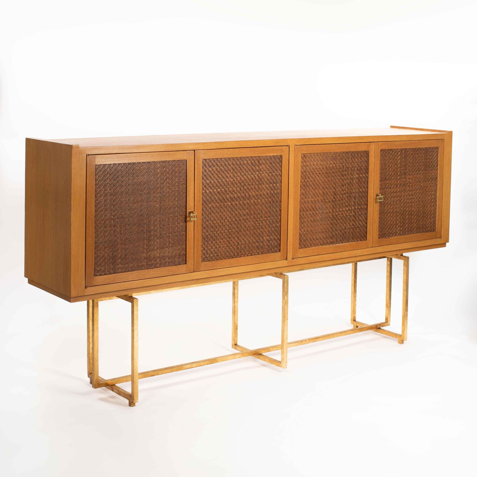 Mid Century Italian Sideboard Oakwood Gilt Metal Base, Leather Front Doors 1960s photo for sale