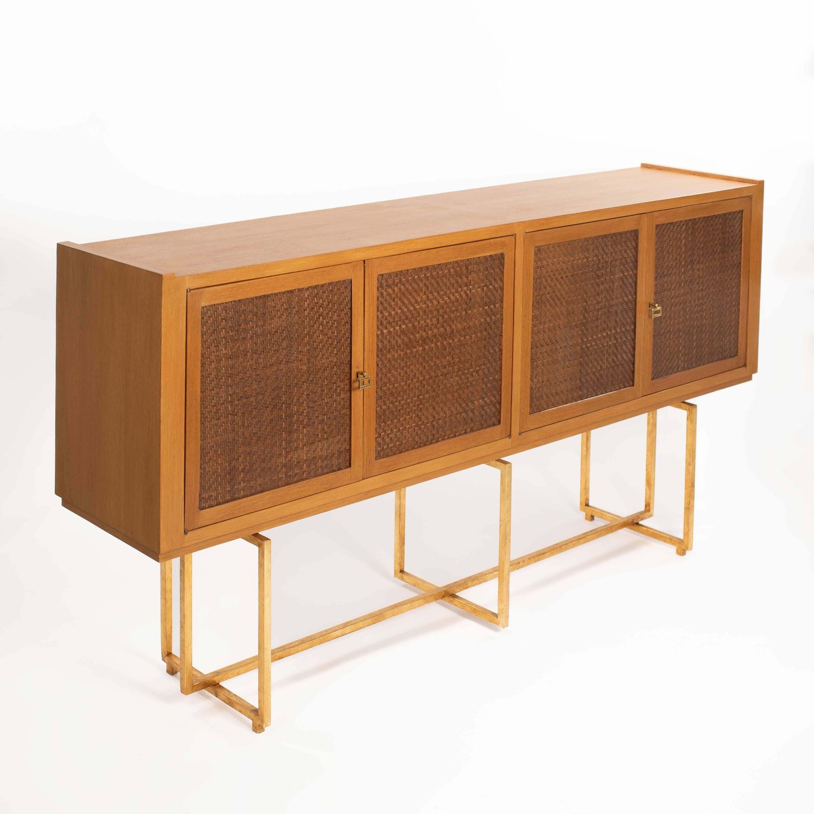 Mid Century Italian Sideboard Oakwood Gilt Metal Base, Leather Front Doors 1960s photo Furniture