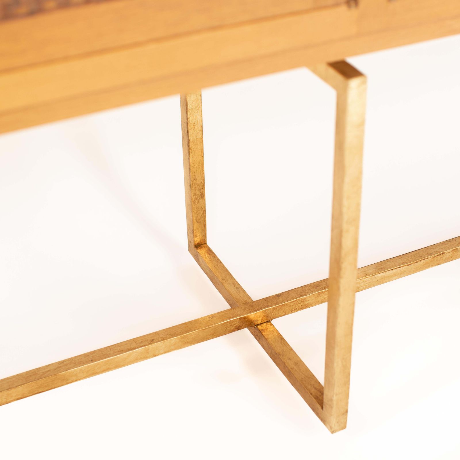 Furniture Mid Century Italian Sideboard Oakwood Gilt Metal Base, Leather Front Doors 1960s photo