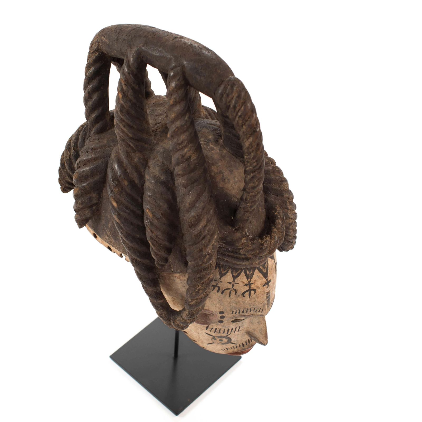 photo vintage African Wooden Female Igbo Agbogo Tribal Mask Brown Red Beige Nigeria 1970s