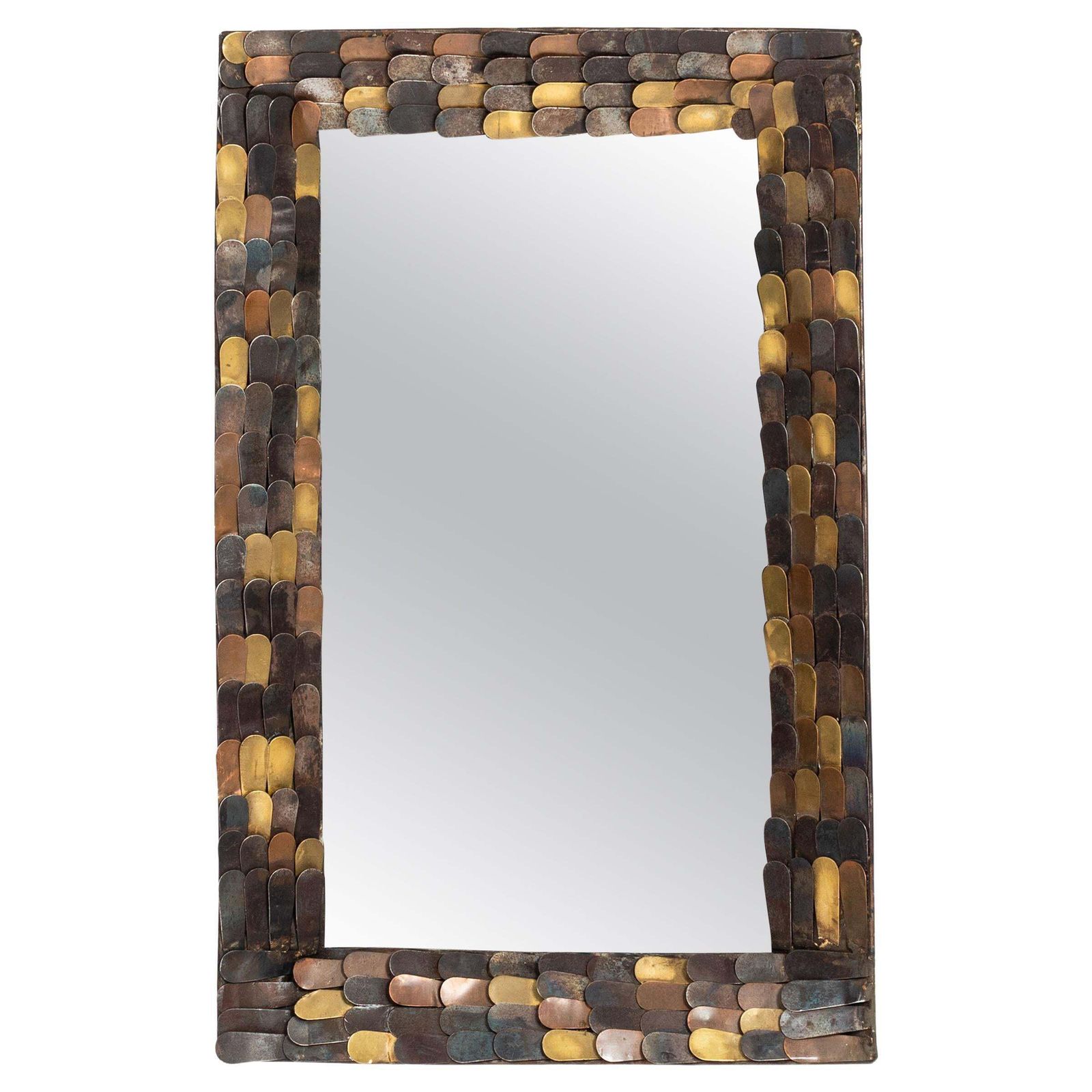 French Mid Century Mirror With Metal Scales Of Copper, Brass And Iron 1960s
