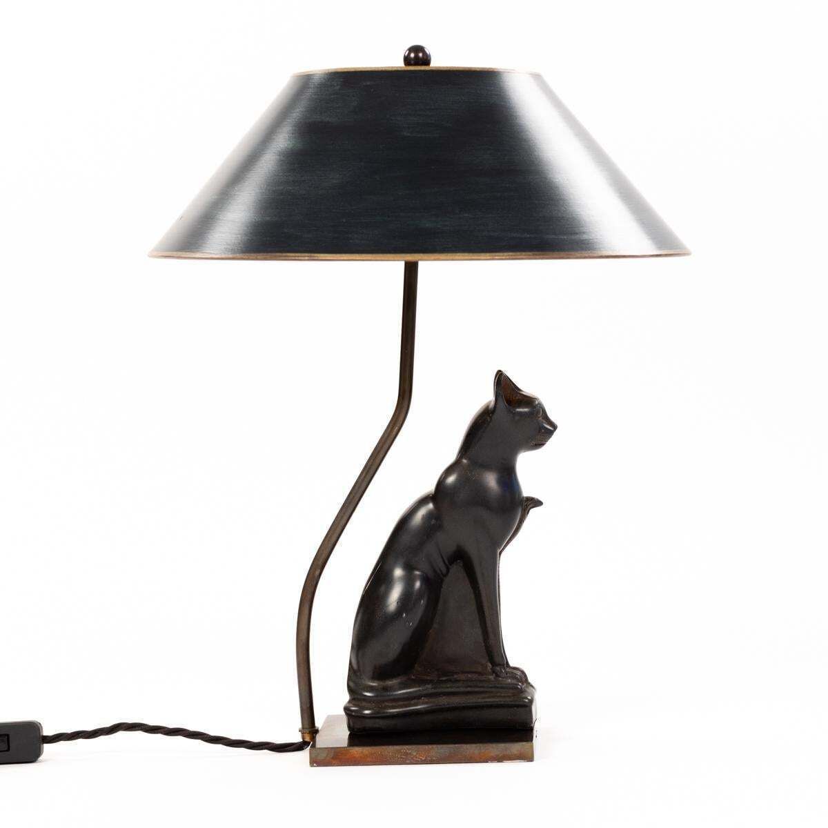 French Art Deco Figural Table Lamp Of A Sitting Stone Cat God France, 1940 Ies photo Lighting