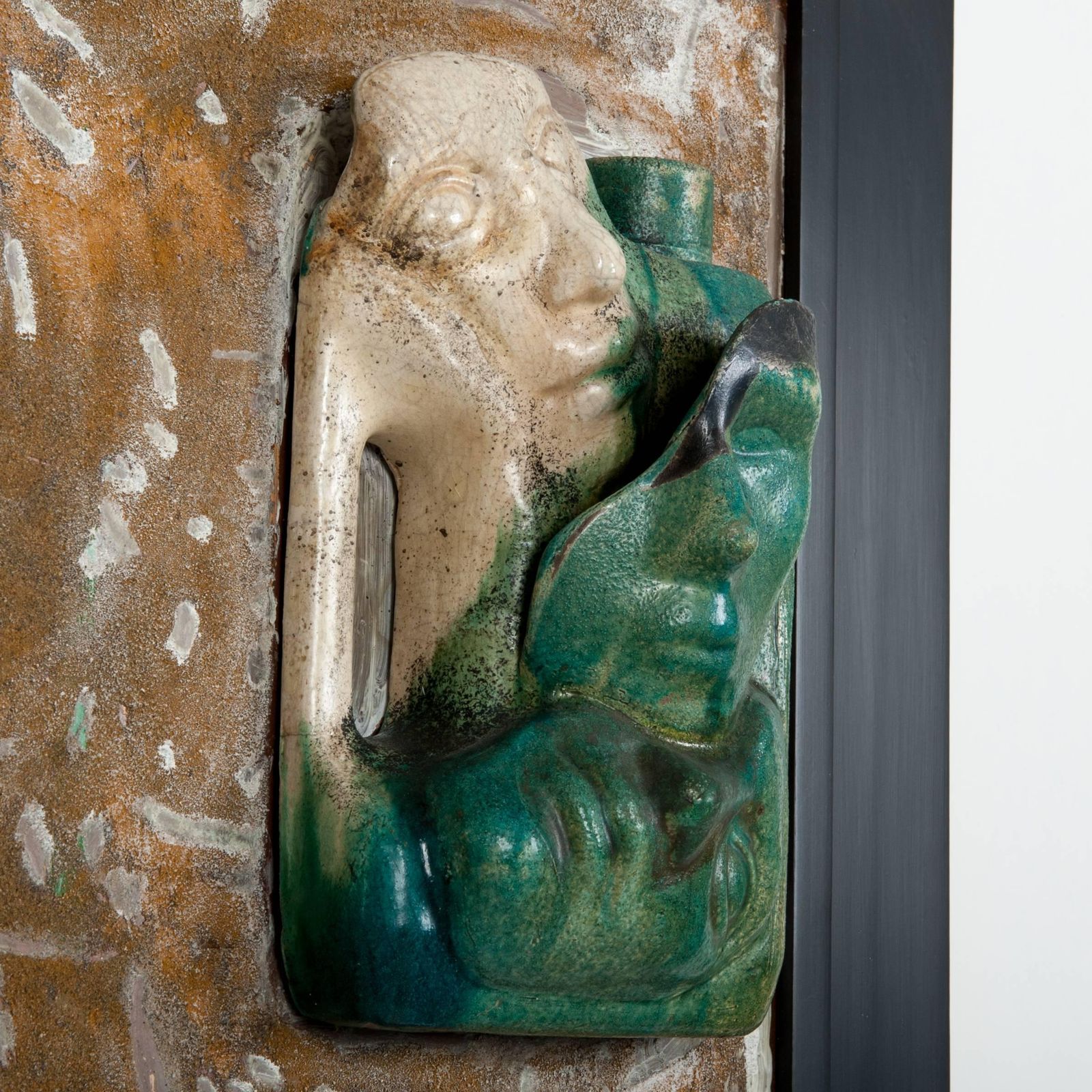Italian Mid Century Ceramic Sculpture Picture Green Beige Grey Monogrammed 1950s photo furniture