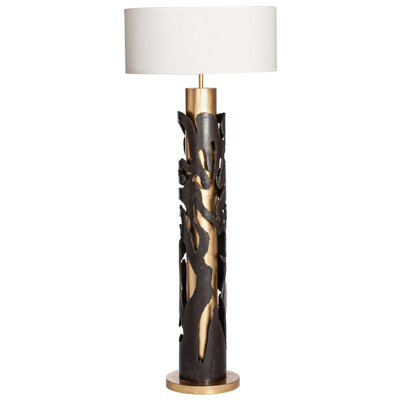 Italian Mid Century Iron Floor Lamp In Gold Brown Off White Silk Shade 1980s