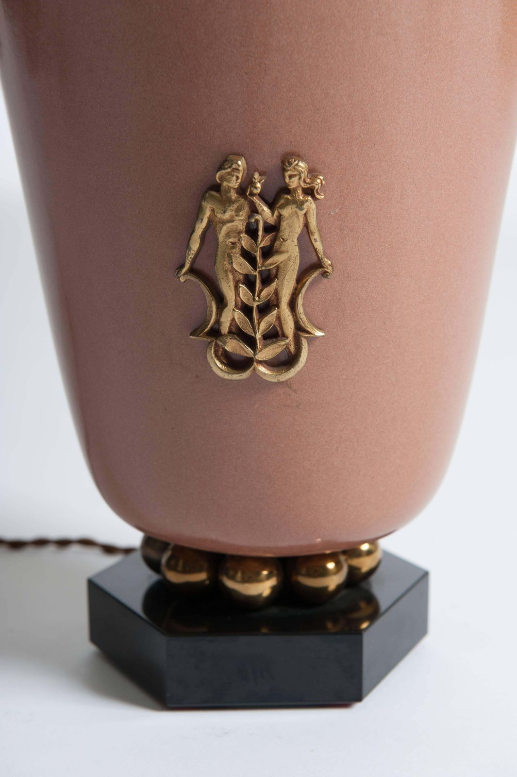 French Art Deco Old Rose Ceramic Table Lamp On Black Stone With Brass Details photo for sale