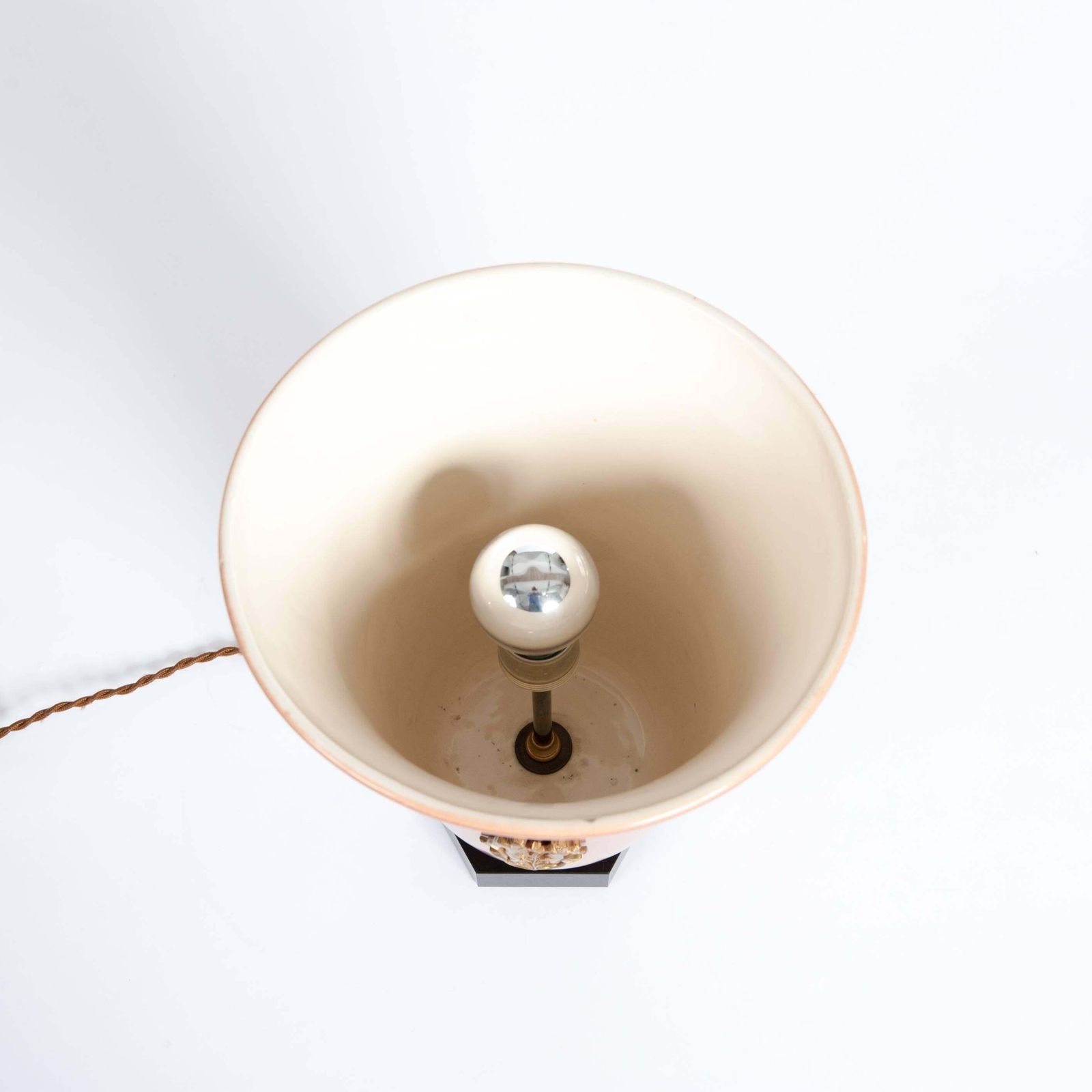 French Art Deco Old Rose Ceramic Table Lamp On Black Stone With Brass Details photo 2562.0