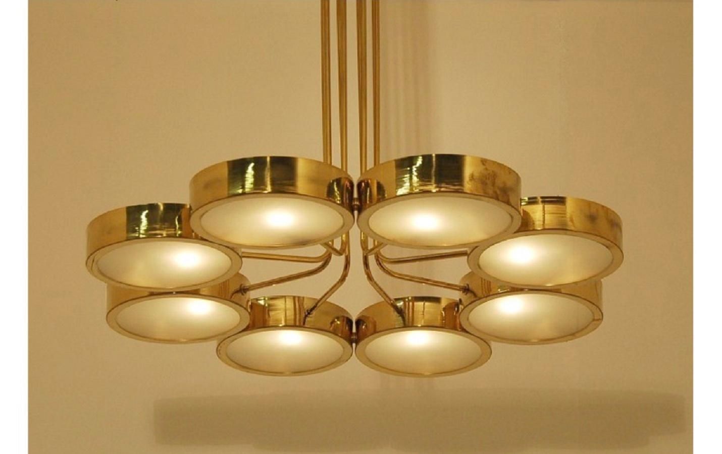 Mid Century Italian Brass, Opal Glass Chandelier 8 Lits From The 1970s photo for sale