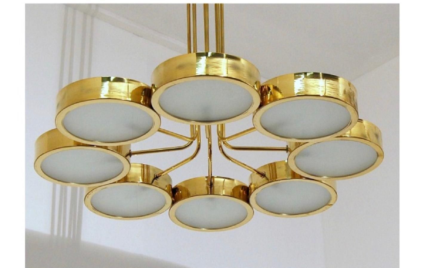 Mid Century Italian Brass, Opal Glass Chandelier 8 Lits From The 1970s photo Lighting