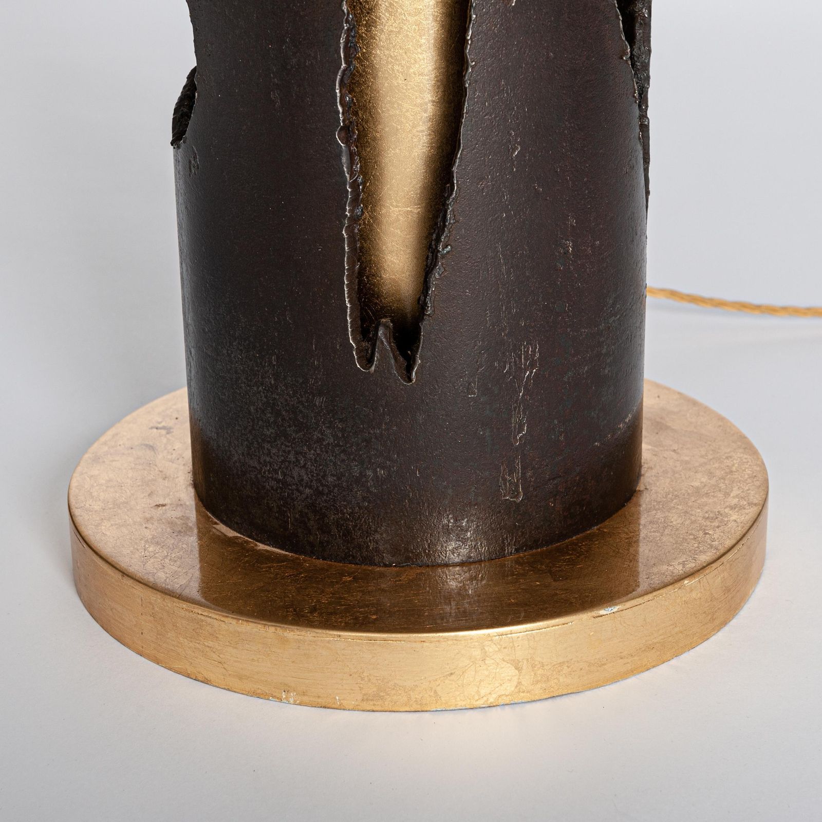 photo furniture Italian Mid Century Iron Floor Lamp In Gold Brown Off White Silk Shade 1980s