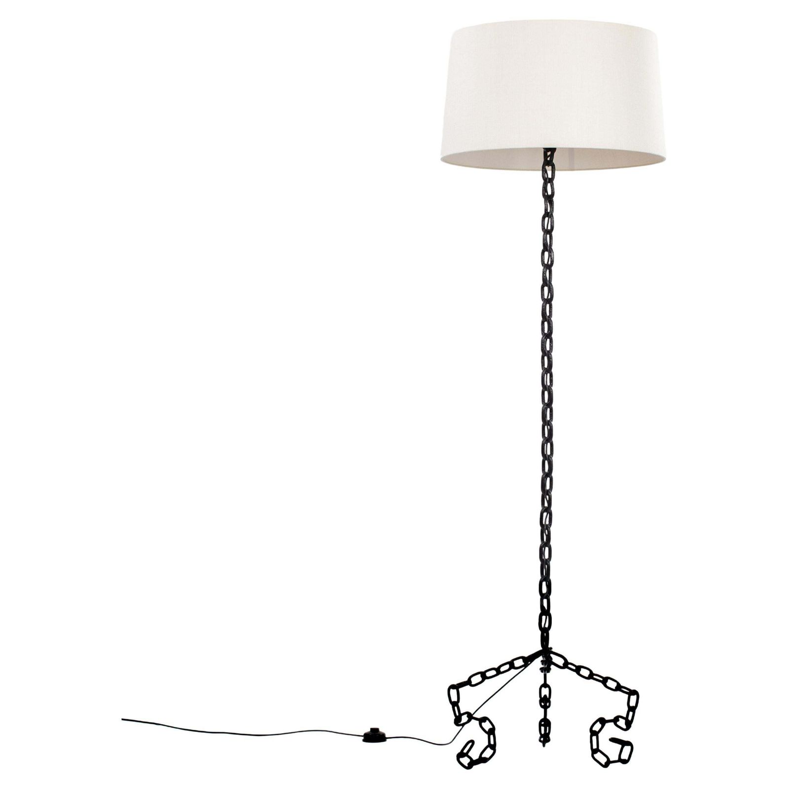 French Brutalist Mid Century Black Iron Chain Floor Lamp White Silk Shade 1960s