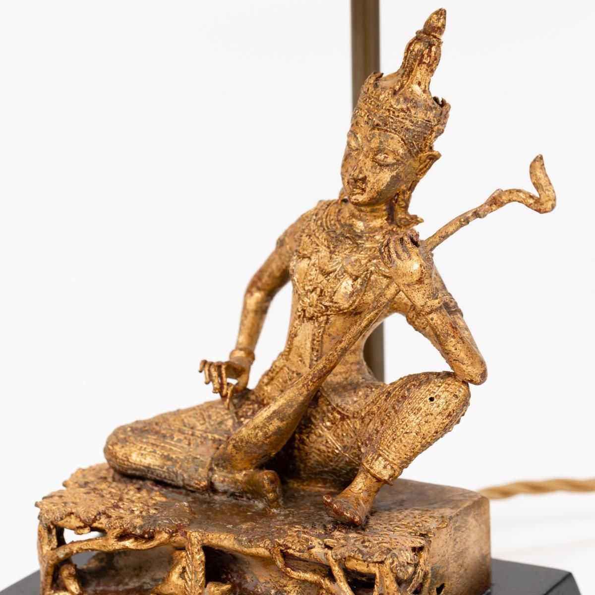 photo for sale Asian Table Lamp Of A Sitting Temple Musicien Gilded Bronze Thailand 1920s