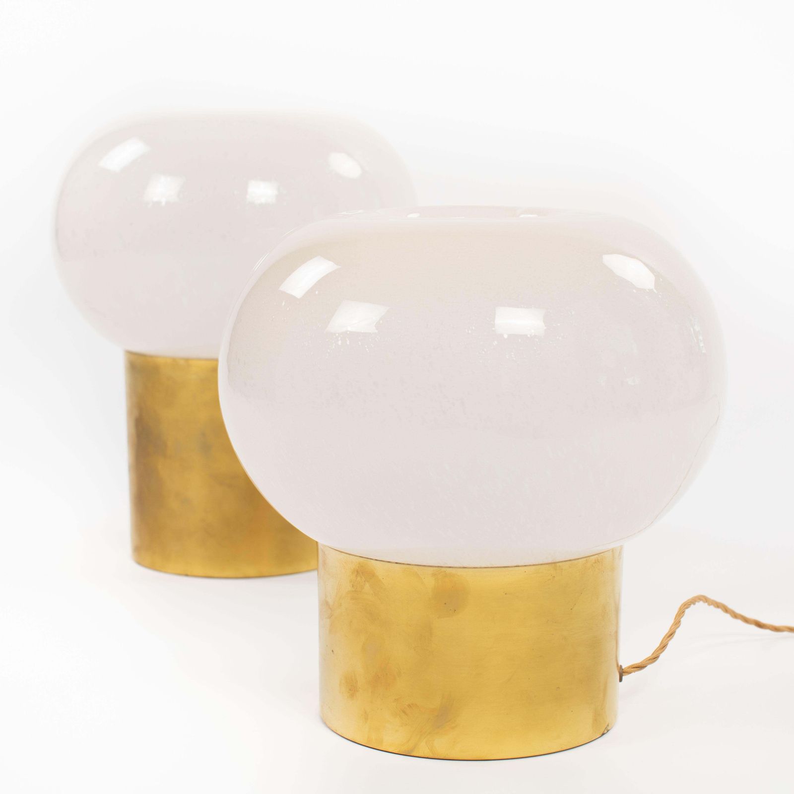 Pair Of Italian Mid Century Brass & Muranoglass Mushroom Shaped Table Lamps 1970 photo for sale