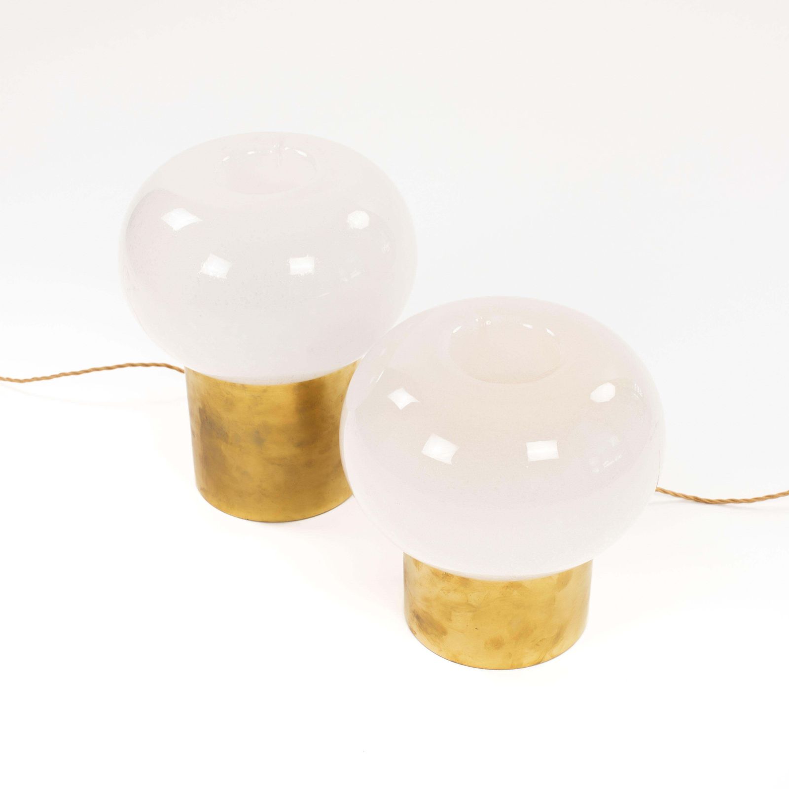 Pair Of Italian Mid Century Brass & Muranoglass Mushroom Shaped Table Lamps 1970 photo Lighting