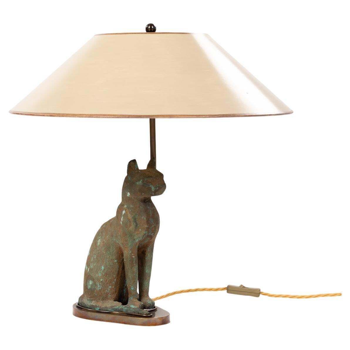 Mid Century Greek Green Bastet Cat God Table Lamp Cast Iron Patinated 1940s
