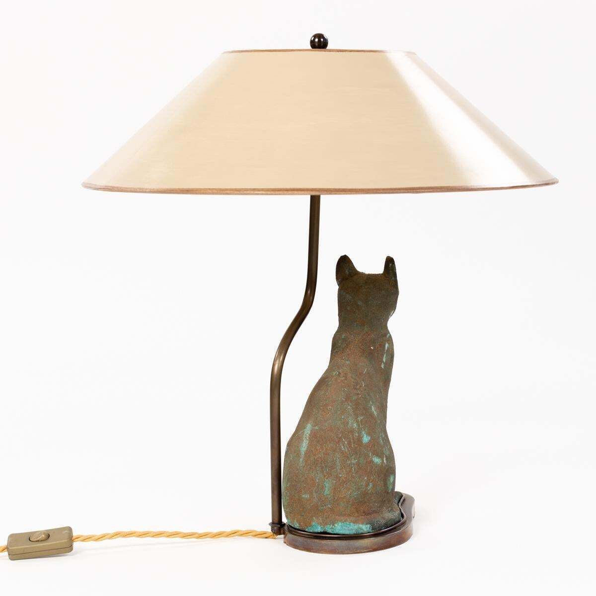 Mid Century Greek Green Bastet Cat God Table Lamp Cast Iron Patinated 1940s photo for sale