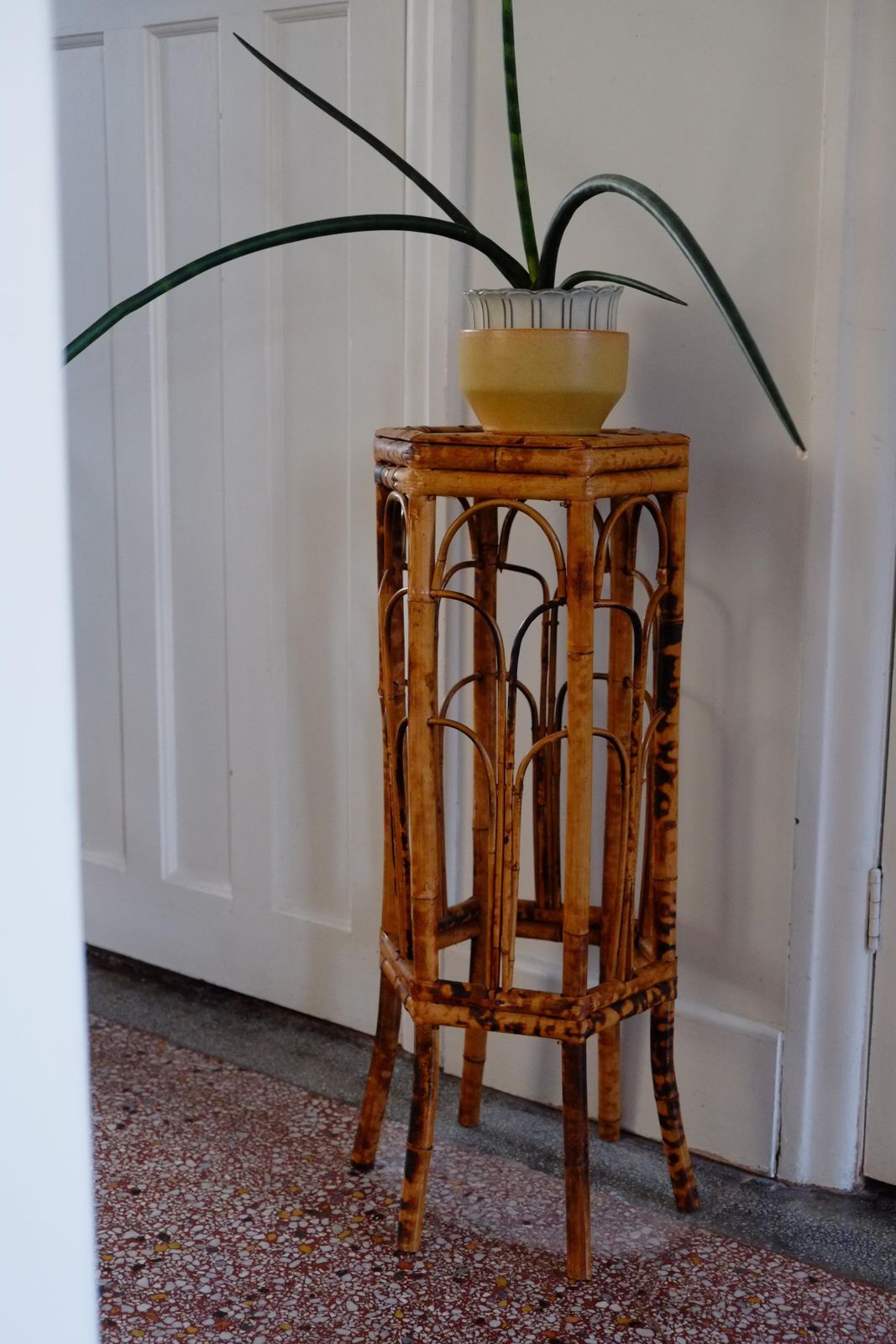 English Victorian Hexagonal Tortoiseshell Bamboo Plant Stand   Side Table photo for sale