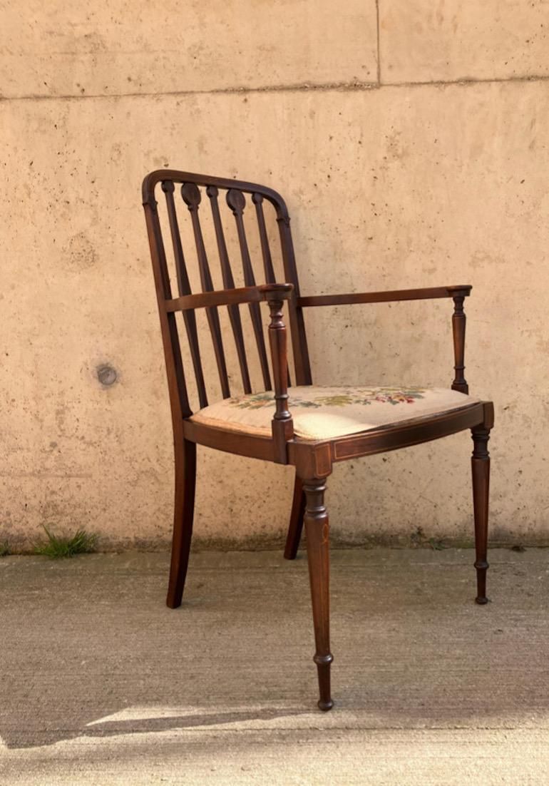 English Inlaid Mahogany Needlepoint Armchair \ Bedroom Side Chair photo 245.0
