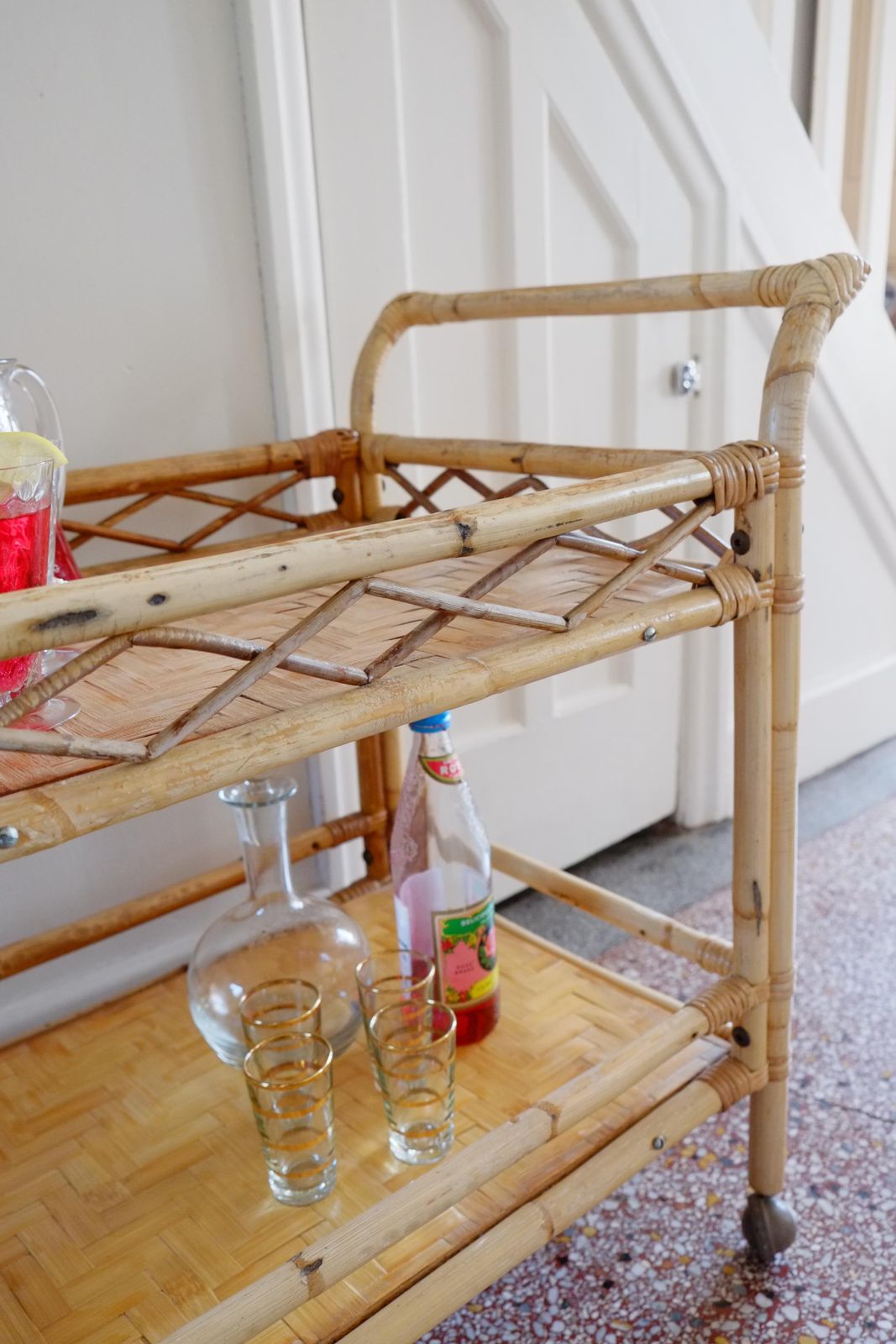 Boho Large Bamboo Rectangular Serving Trolley Drinks Bar Cart photo vintage