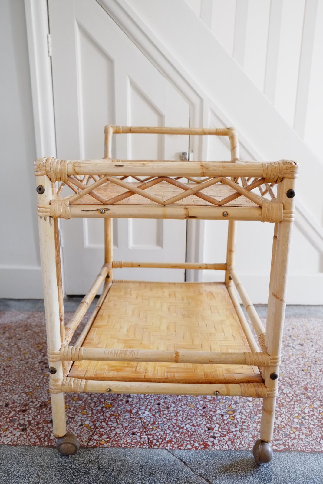 photo vinterior Boho Large Bamboo Rectangular Serving Trolley Drinks Bar Cart