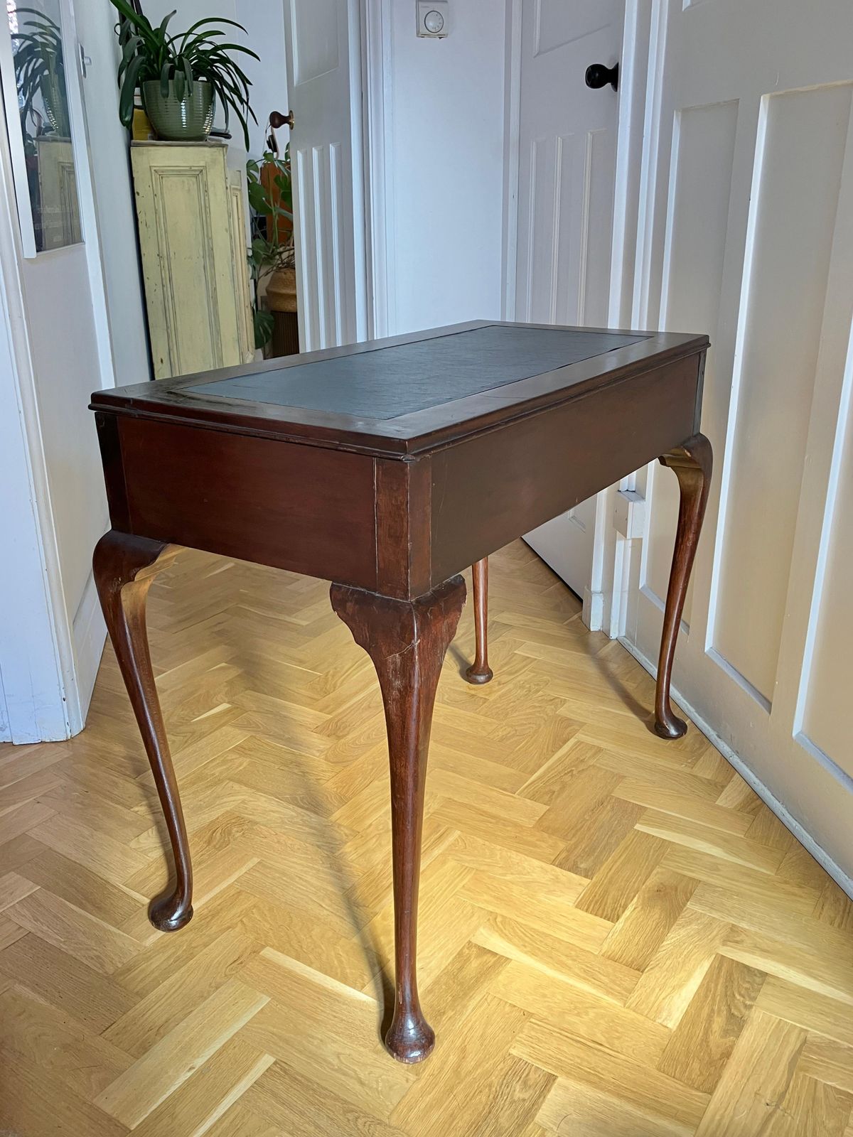 photo vintage English Edwardian Mahogany Console Table / Desk With Cabriole Legs Sold By Heals