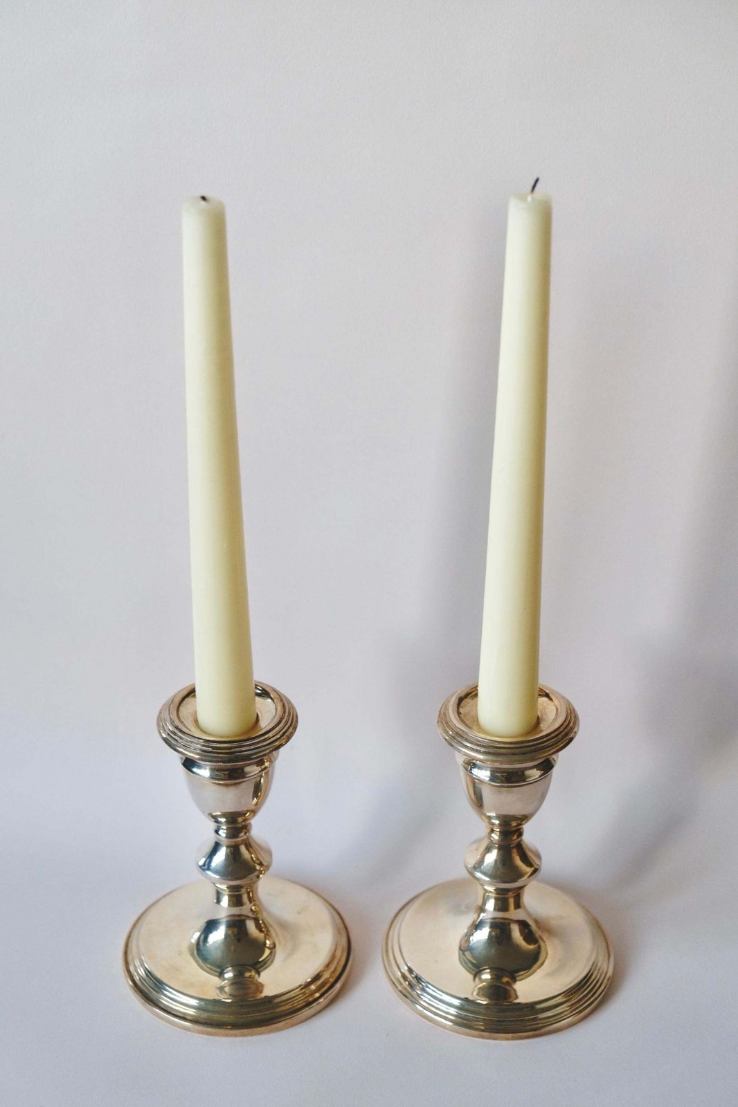 A Pair Of Antique Silver On Copper Candle Holders Made In England photo for sale