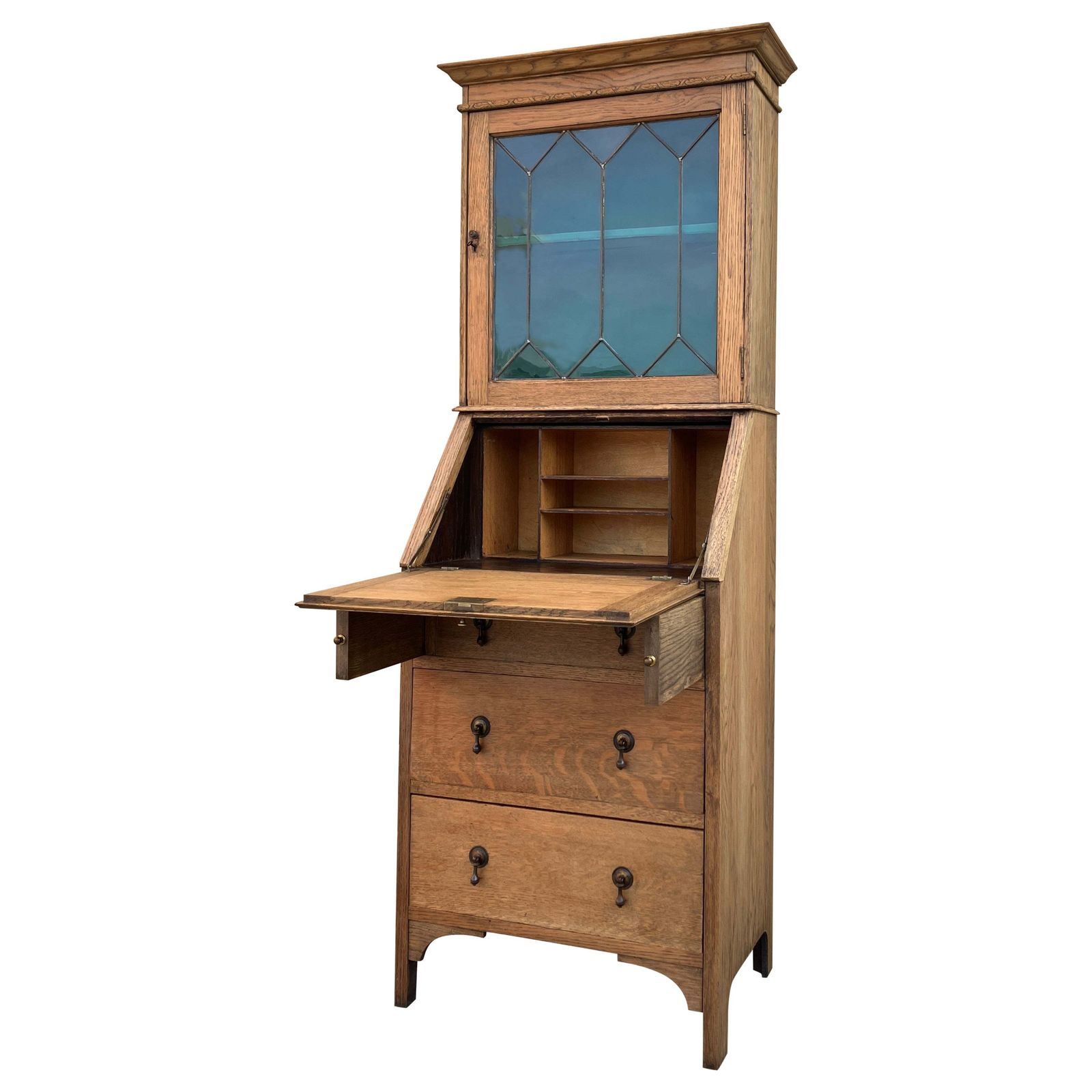 English Antique 1930's Oak Bureau Cabinet With Glass Vitrine And Drawers
