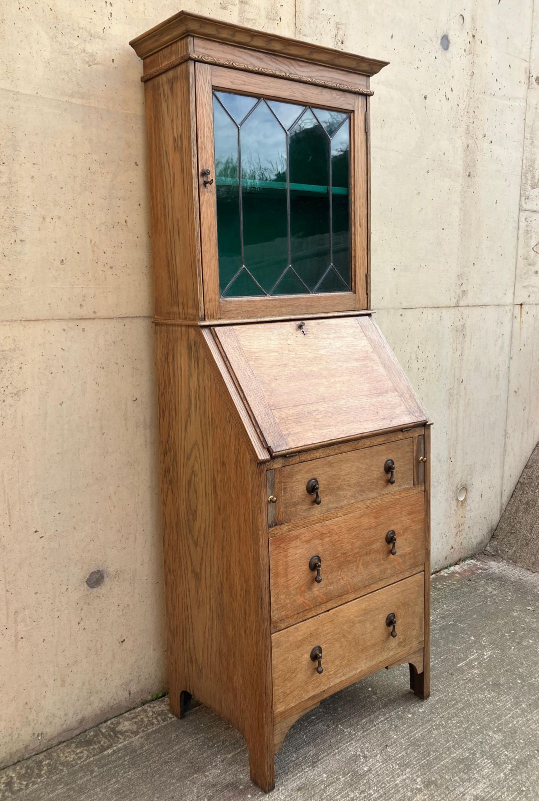 English Antique 1930's Oak Bureau Cabinet With Glass Vitrine And Drawers photo furniture