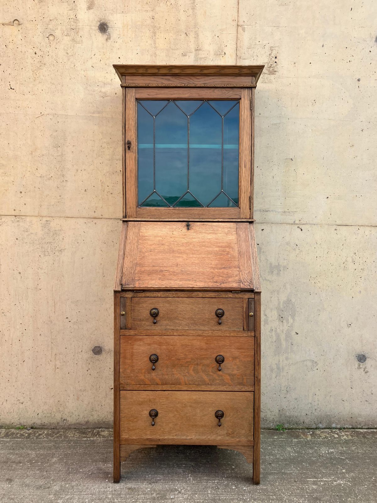 English Antique 1930's Oak Bureau Cabinet With Glass Vitrine And Drawers photo for sale