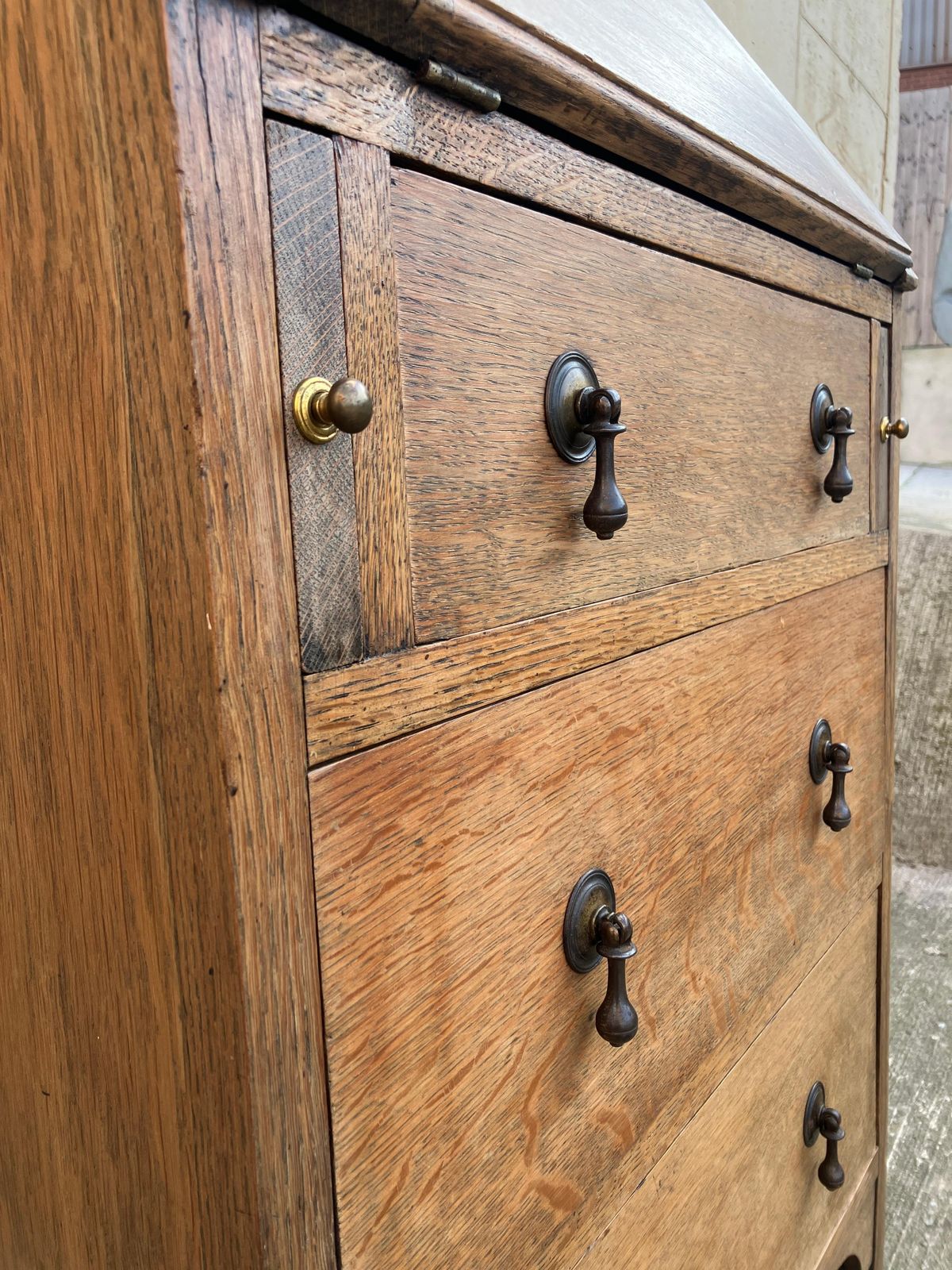 English Antique 1930's Oak Bureau Cabinet With Glass Vitrine And Drawers photo vinterior
