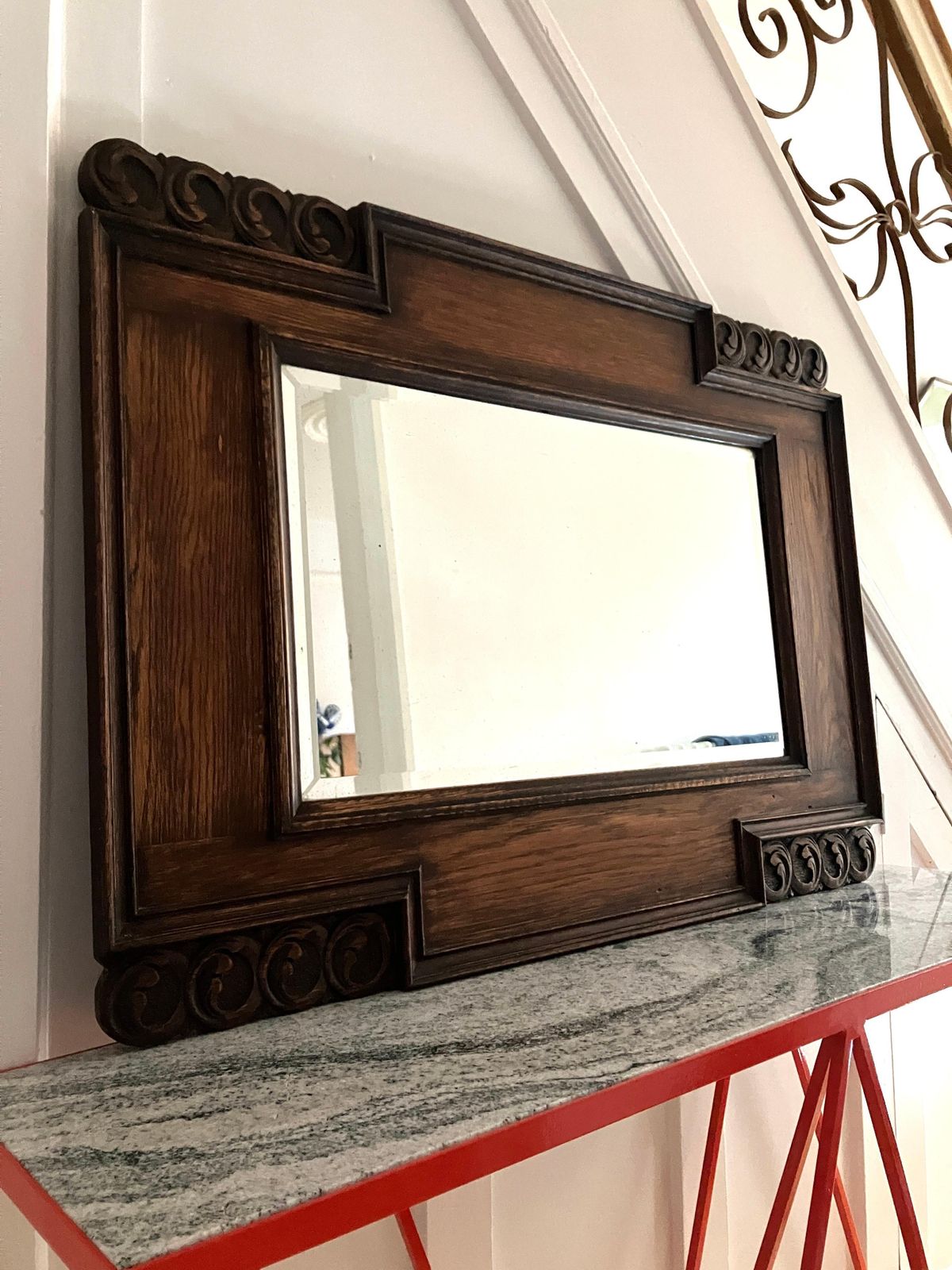 Large Decorative English Oak Framed Art & Crafts Mantel Mirror Late 19th Century photo furniture