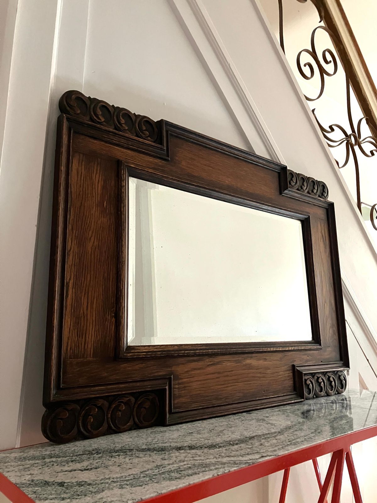 Large Decorative English Oak Framed Art & Crafts Mantel Mirror Late 19th Century photo vintage