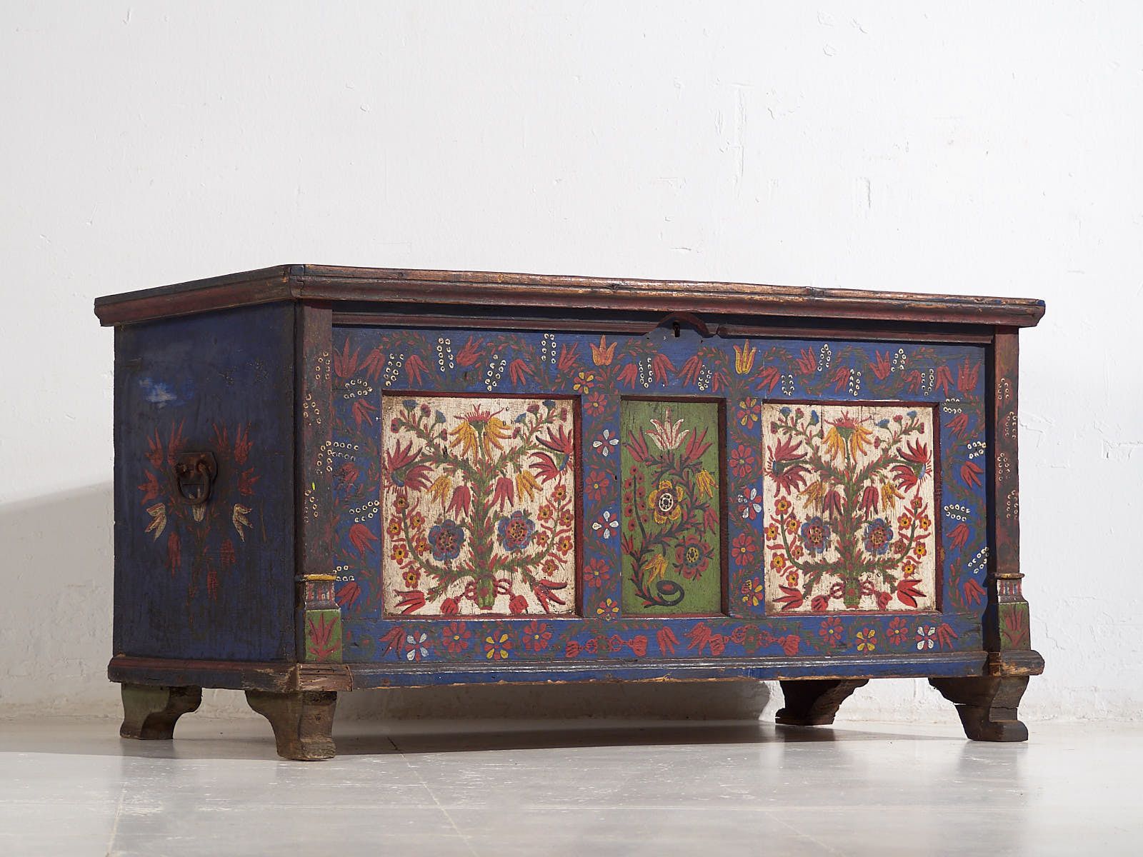 Antique Blue Trunk With Hand Painted Floral Details (C.1870) #2 photo furniture