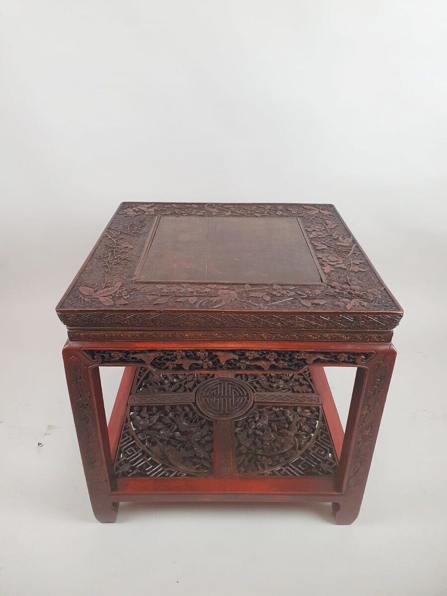 Chinese Coffee Table In Red Lacquered Wood Decorated With Branches, Flowers And Birds, Early 20th Century photo furniture