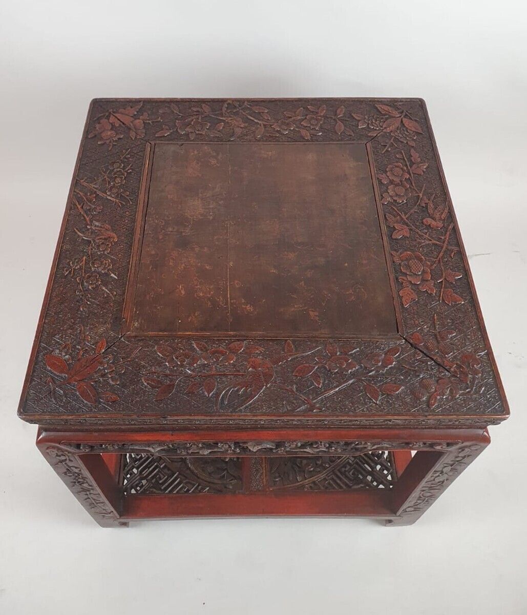 Chinese Coffee Table In Red Lacquered Wood Decorated With Branches, Flowers And Birds, Early 20th Century photo for sale