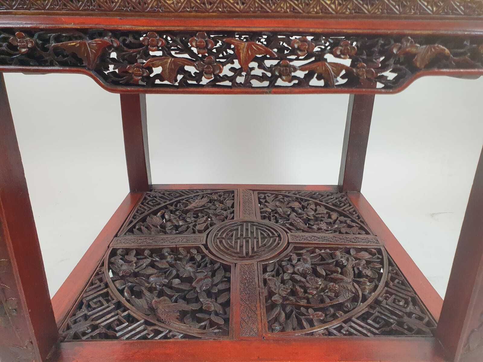 Chinese Coffee Table In Red Lacquered Wood Decorated With Branches, Flowers And Birds, Early 20th Century photo vinterior