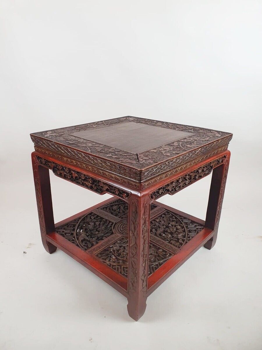 photo furniture Chinese Coffee Table In Red Lacquered Wood Decorated With Branches, Flowers And Birds, Early 20th Century