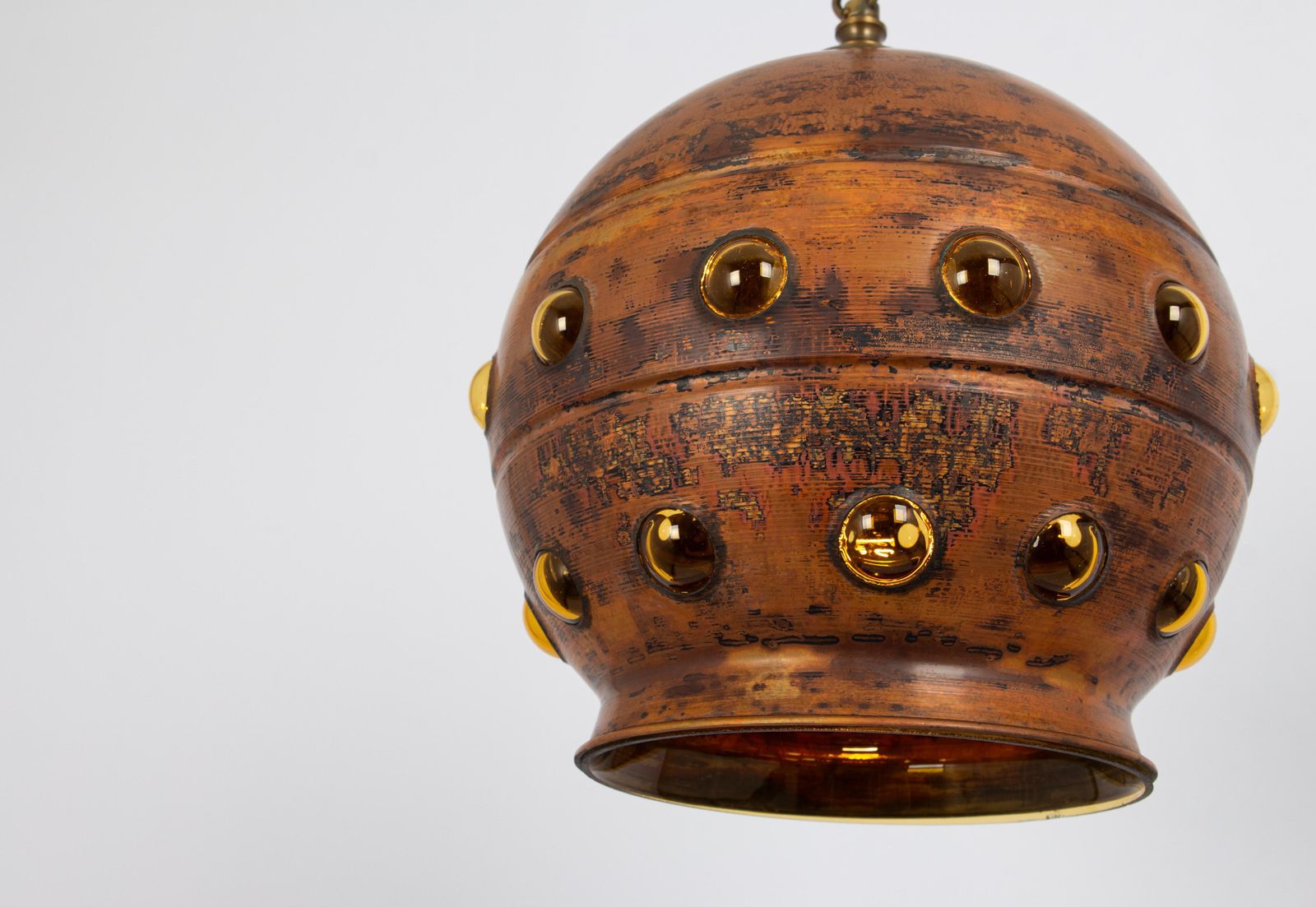 1 Of 6 Copper & Amber Glass Bubble Pendant Lamp In Nanny Still Style, 1960s photo for sale